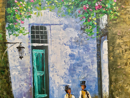 Vintage French Street Scene Oil Painting, Floral Courtyard Art