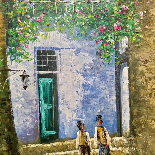 Vintage French Street Scene Oil Painting, Floral Courtyard Art