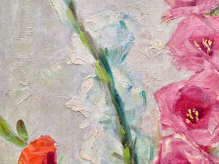 Vintage Framed Gladiolus Oil Painting, French Impressionist Floral Art