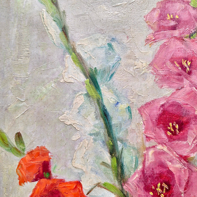 Vintage Framed Gladiolus Oil Painting, French Impressionist Floral Art