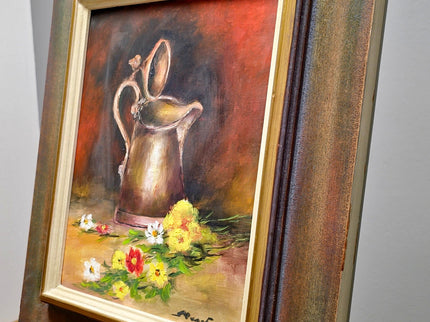 Vintage French Still Life Oil Painting, Rustic Jug and Flowers, Framed Art