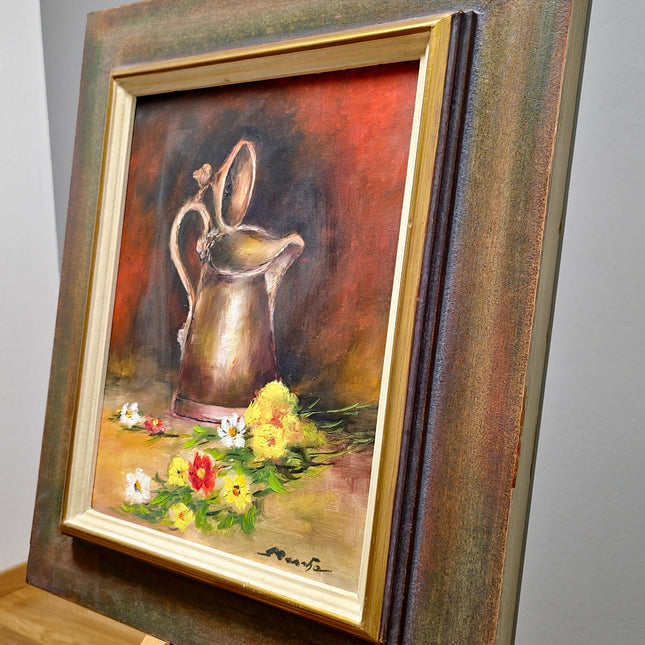 Vintage French Still Life Oil Painting, Rustic Jug and Flowers, Framed Art