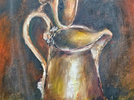 Vintage French Still Life Oil Painting, Rustic Jug and Flowers, Framed Art