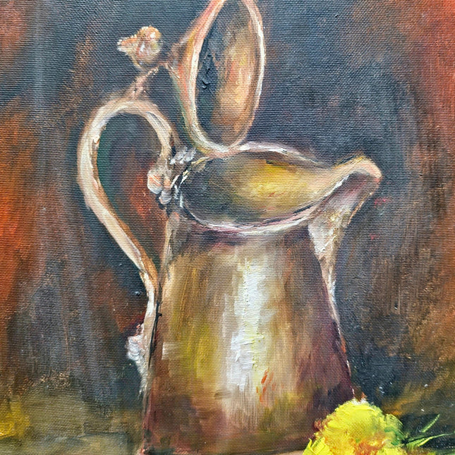 Vintage French Still Life Oil Painting, Rustic Jug and Flowers, Framed Art