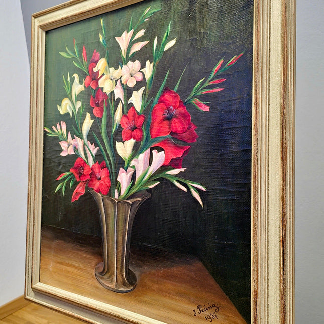 Vintage French Floral Oil Painting, Framed Flower Still Life, 1937