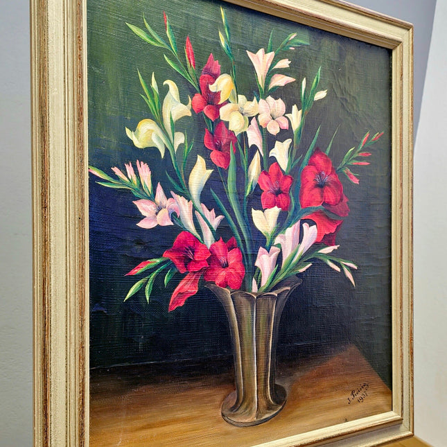 Vintage French Floral Oil Painting, Framed Flower Still Life, 1937