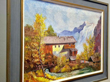Vintage French Alpine Oil Painting, Mountain Cabin Landscape, Framed Art
