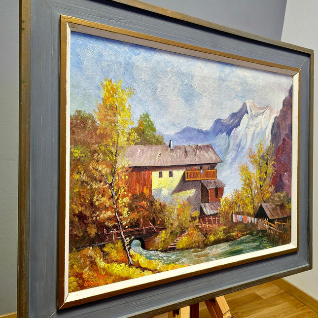Vintage French Alpine Oil Painting, Mountain Cabin Landscape, Framed Art