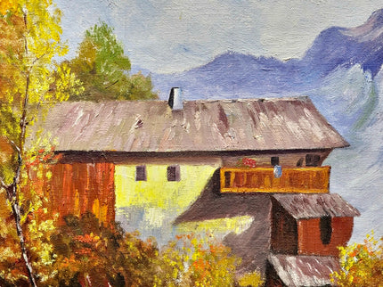 Vintage French Alpine Oil Painting, Mountain Cabin Landscape, Framed Art