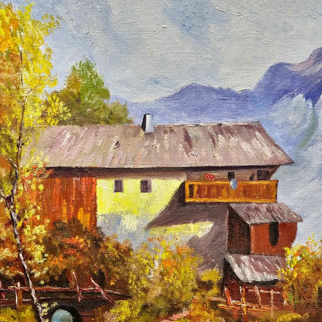 Vintage French Alpine Oil Painting, Mountain Cabin Landscape, Framed Art