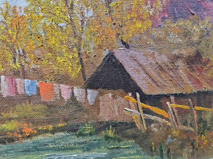 Vintage French Alpine Oil Painting, Mountain Cabin Landscape, Framed Art