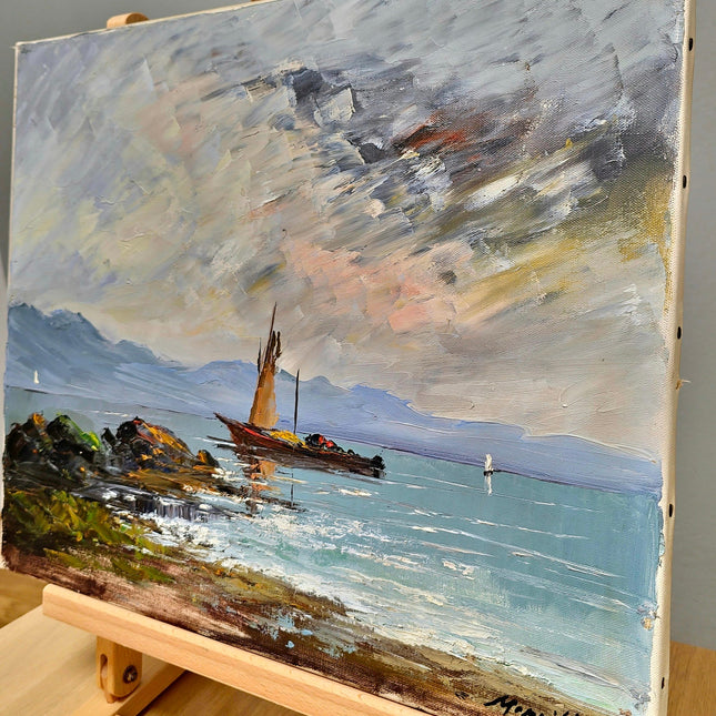Lake Geneva Painting Art, Vintage Signed Swiss Oil Painting, Original Landscape Artwork, Nautical Art Home Decor, Art Lovers Gift