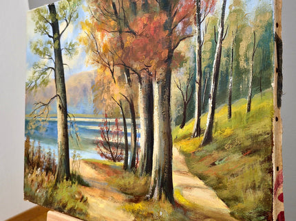 Vintage Autumn Landscape Painting, French Oil Forest Painting, Fall Trees Painting, 1980s Wall Art, Woodland Original Nature Painting