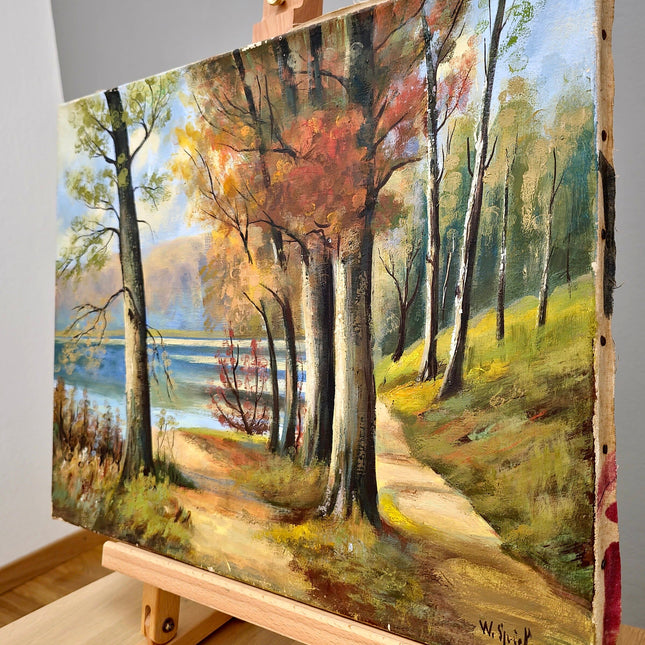 Vintage Autumn Landscape Painting, French Oil Forest Painting, Fall Trees Painting, 1980s Wall Art, Woodland Original Nature Painting