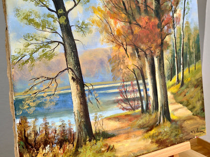 Vintage Autumn Landscape Painting, French Oil Forest Painting, Fall Trees Painting, 1980s Wall Art, Woodland Original Nature Painting