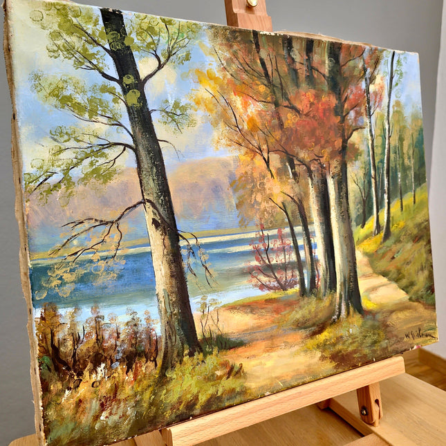 Vintage Autumn Landscape Painting, French Oil Forest Painting, Fall Trees Painting, 1980s Wall Art, Woodland Original Nature Painting
