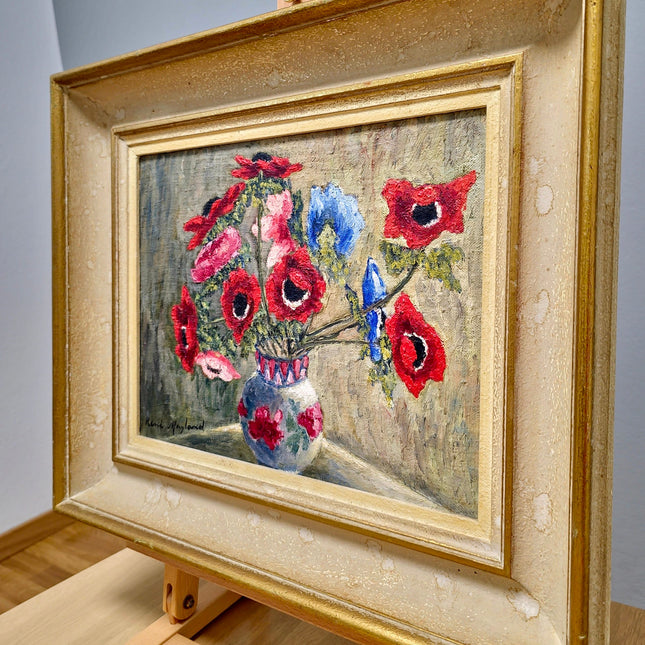 Vintage French Floral Still Life Oil Painting, Soft Muted Rustic Flowers Bouquet Vase Original Painting Signed, French Country wall Decor