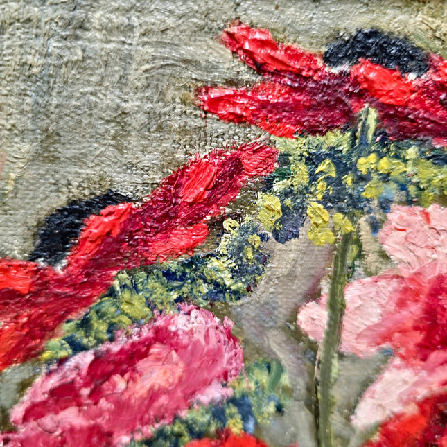 Vintage French Floral Still Life Oil Painting, Soft Muted Rustic Flowers Bouquet Vase Original Painting Signed, French Country wall Decor