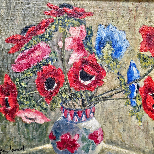 Vintage French Floral Still Life Oil Painting, Soft Muted Rustic Flowers Bouquet Vase Original Painting Signed, French Country wall Decor