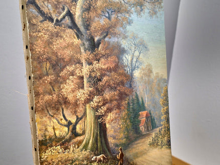 Antique French Oil Painting, Autumn Forest, Hunter and Dog, 19th Century