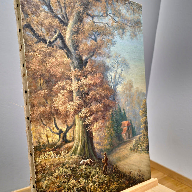 Antique French Oil Painting, Autumn Forest, Hunter and Dog, 19th Century