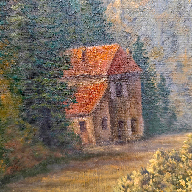 Antique French Oil Painting, Autumn Forest, Hunter and Dog, 19th Century