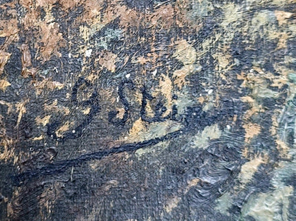 Antique French Oil Painting, Autumn Forest, Hunter and Dog, 19th Century
