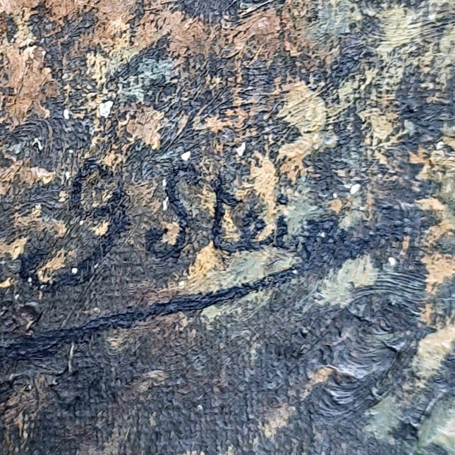 Antique French Oil Painting, Autumn Forest, Hunter and Dog, 19th Century
