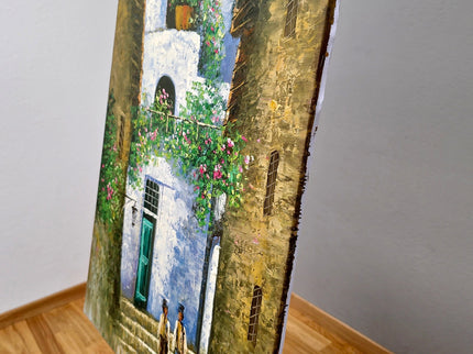 Vintage French Street Scene Oil Painting, Floral Courtyard Art