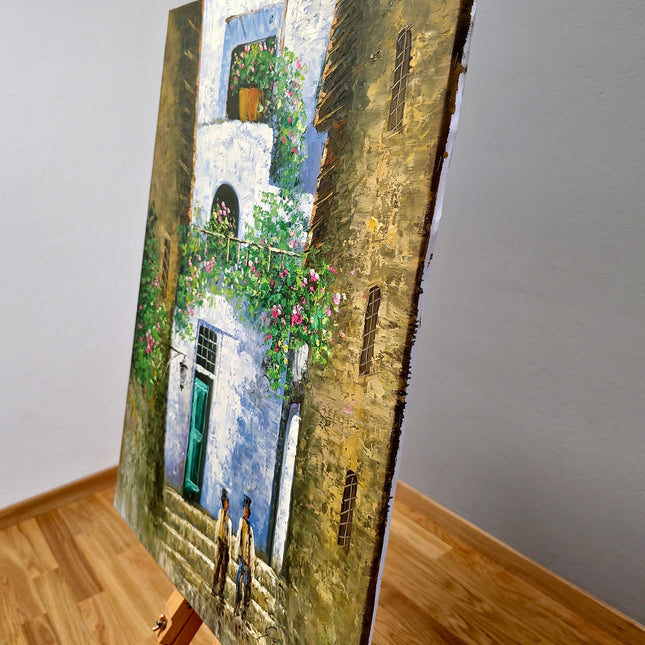 Vintage French Street Scene Oil Painting, Floral Courtyard Art