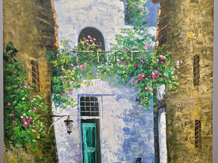 Vintage French Street Scene Oil Painting, Floral Courtyard Art