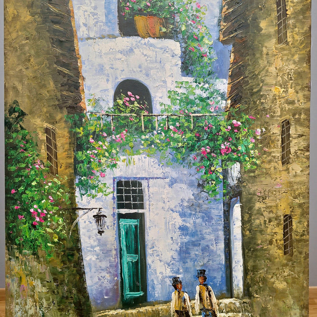 Vintage French Street Scene Oil Painting, Floral Courtyard Art