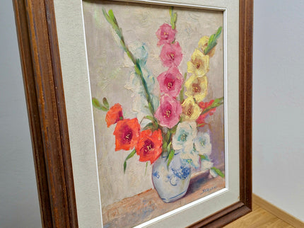 Vintage Framed Gladiolus Oil Painting, French Impressionist Floral Art