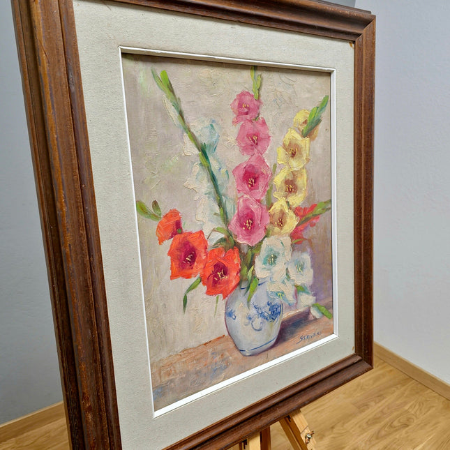 Vintage Framed Gladiolus Oil Painting, French Impressionist Floral Art