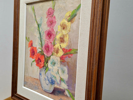 Vintage Framed Gladiolus Oil Painting, French Impressionist Floral Art