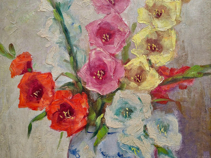 Vintage Framed Gladiolus Oil Painting, French Impressionist Floral Art