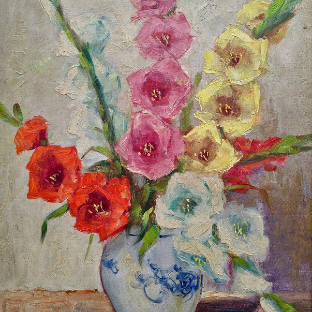 Vintage Framed Gladiolus Oil Painting, French Impressionist Floral Art