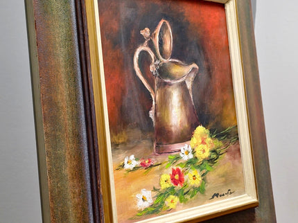Vintage French Still Life Oil Painting, Rustic Jug and Flowers, Framed Art