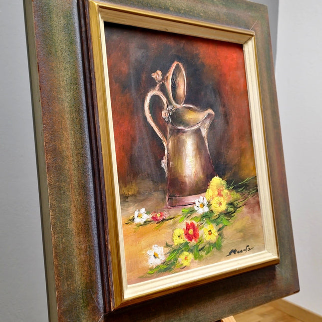 Vintage French Still Life Oil Painting, Rustic Jug and Flowers, Framed Art