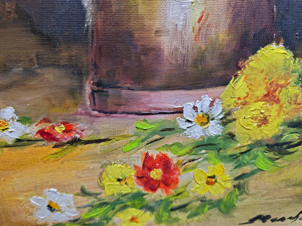 Vintage French Still Life Oil Painting, Rustic Jug and Flowers, Framed Art
