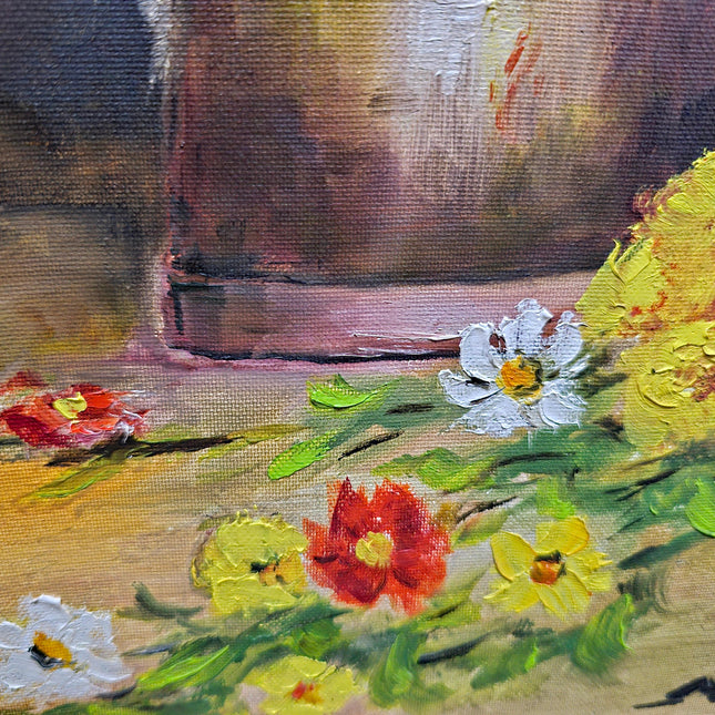 Vintage French Still Life Oil Painting, Rustic Jug and Flowers, Framed Art