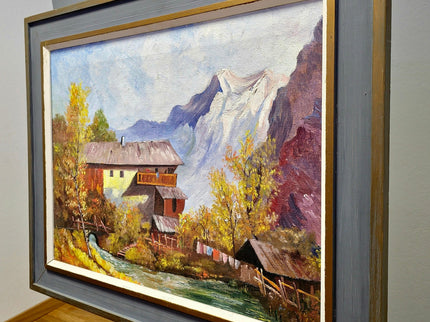 Vintage French Alpine Oil Painting, Mountain Cabin Landscape, Framed Art
