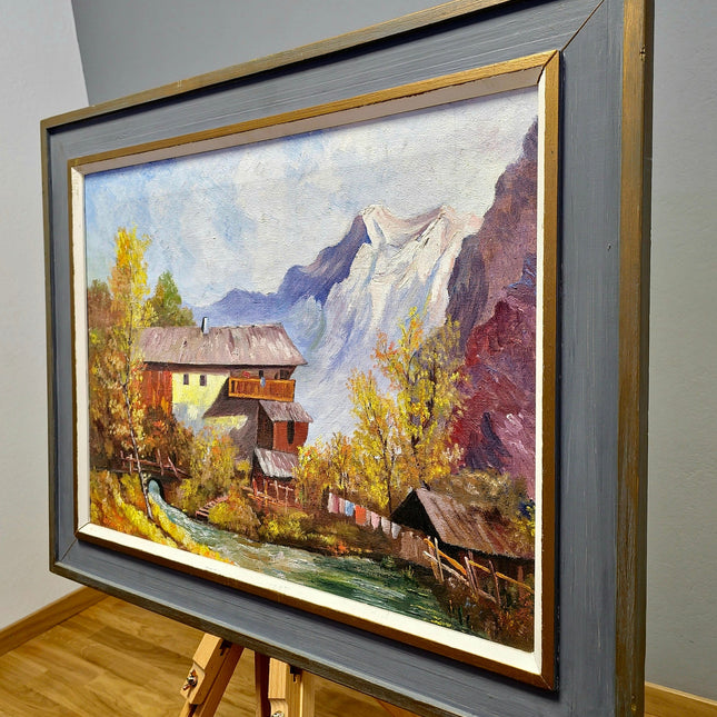 Vintage French Alpine Oil Painting, Mountain Cabin Landscape, Framed Art