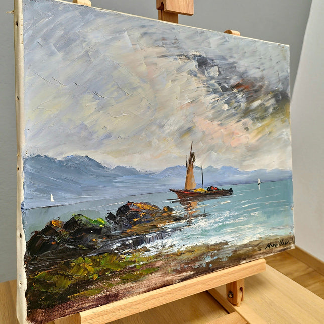 Lake Geneva Painting Art, Vintage Signed Swiss Oil Painting, Original Landscape Artwork, Nautical Art Home Decor, Art Lovers Gift
