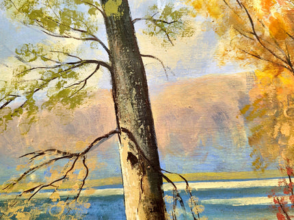 Vintage Autumn Landscape Painting, French Oil Forest Painting, Fall Trees Painting, 1980s Wall Art, Woodland Original Nature Painting