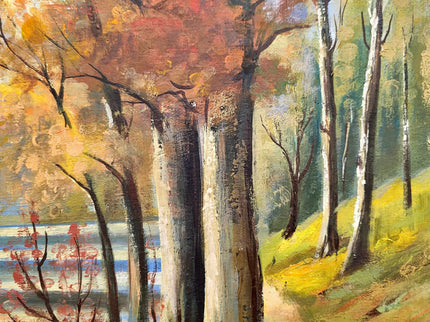 Vintage Autumn Landscape Painting, French Oil Forest Painting, Fall Trees Painting, 1980s Wall Art, Woodland Original Nature Painting