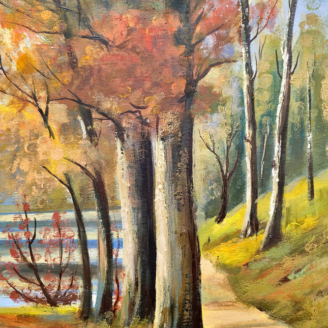 Vintage Autumn Landscape Painting, French Oil Forest Painting, Fall Trees Painting, 1980s Wall Art, Woodland Original Nature Painting