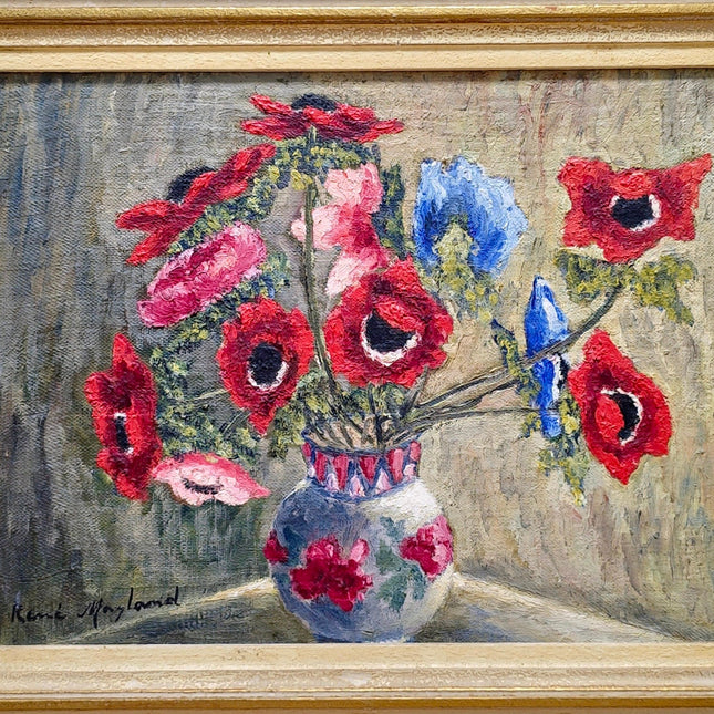 Vintage French Floral Still Life Oil Painting, Soft Muted Rustic Flowers Bouquet Vase Original Painting Signed, French Country wall Decor
