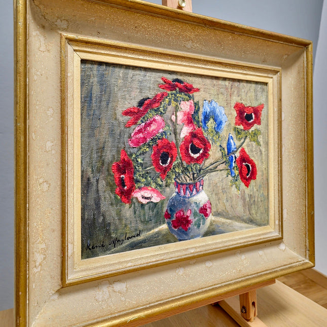 Vintage French Floral Still Life Oil Painting, Soft Muted Rustic Flowers Bouquet Vase Original Painting Signed, French Country wall Decor