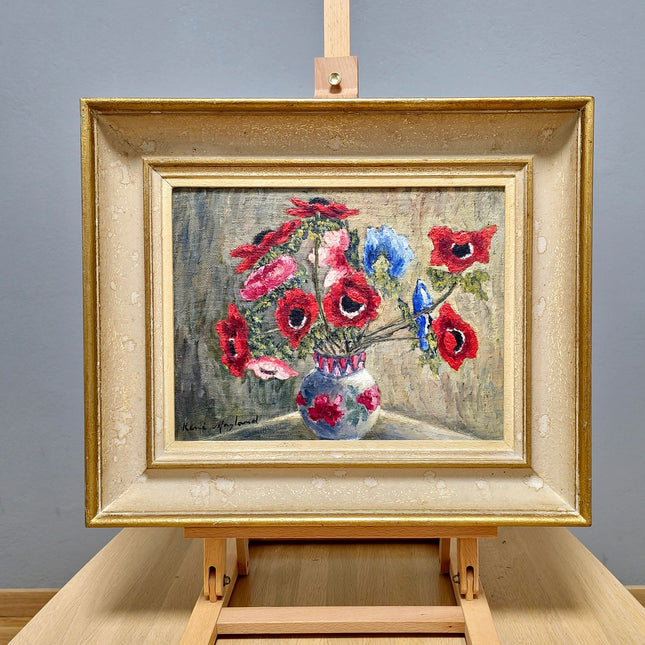 Vintage French Floral Still Life Oil Painting, Soft Muted Rustic Flowers Bouquet Vase Original Painting Signed, French Country wall Decor